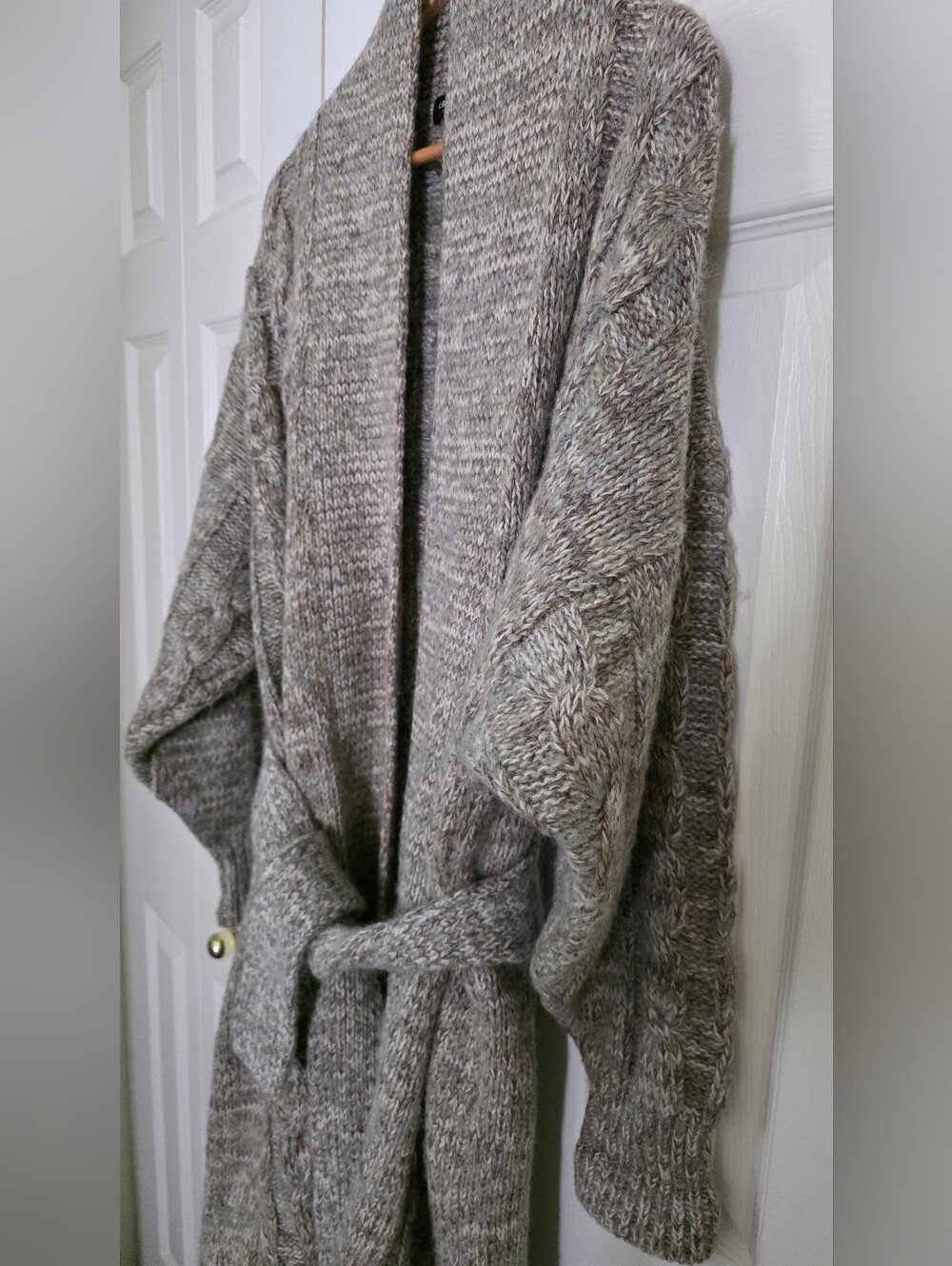 Mohair Wool Blend Belted Long Taupy- Beige Cable Knit Cardigan L-XL - Picture 10 of 13